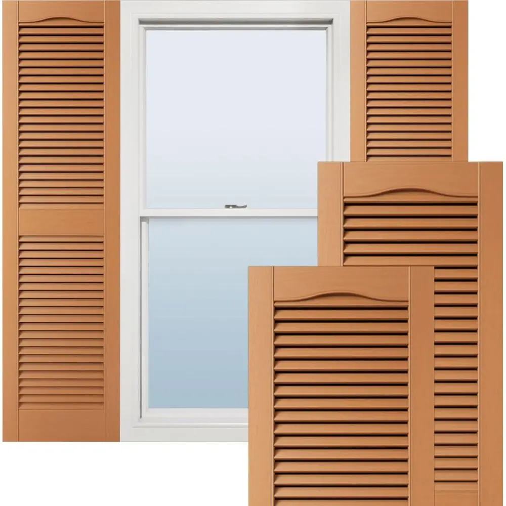 

14.5 Wide x 64 High Lifetime Vinyl Stand-alone Top Center Mullion Louver Shutters with Installation Hardware (Per Pair), Treated