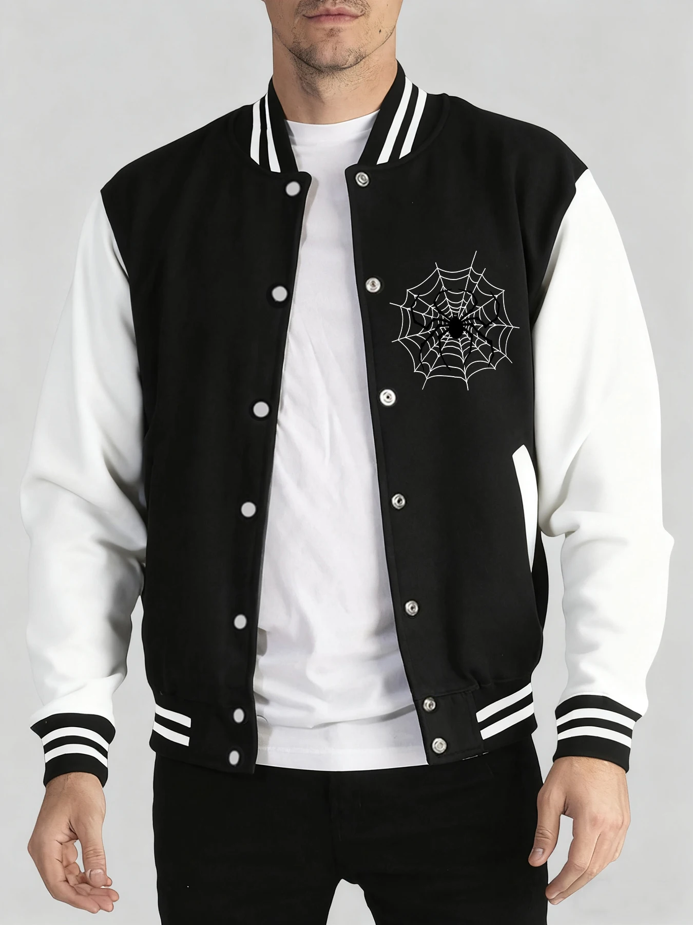 Black Spider Lying On A Red Web Print Men Street Loose Jacket Basic Spring Baseball Jersey Hip Hop Trendy Top Comfy Pocket Coat