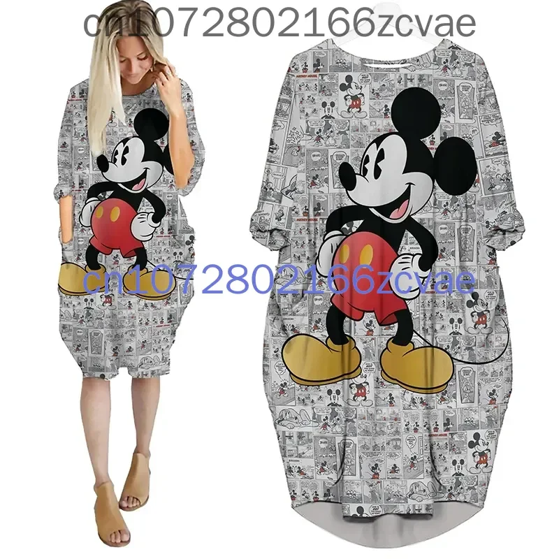 Disney-Vestido de bolso feminino Mickey Mouse Batwing, vestidos femininos extragrandes, pulôver impresso em 3D, novo, 2022