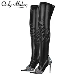 Onlymaker Women Over The Knee Boots Peep Toe Side Zipper Thin High Heels Concise Sexy Party Black Matte Female Boots