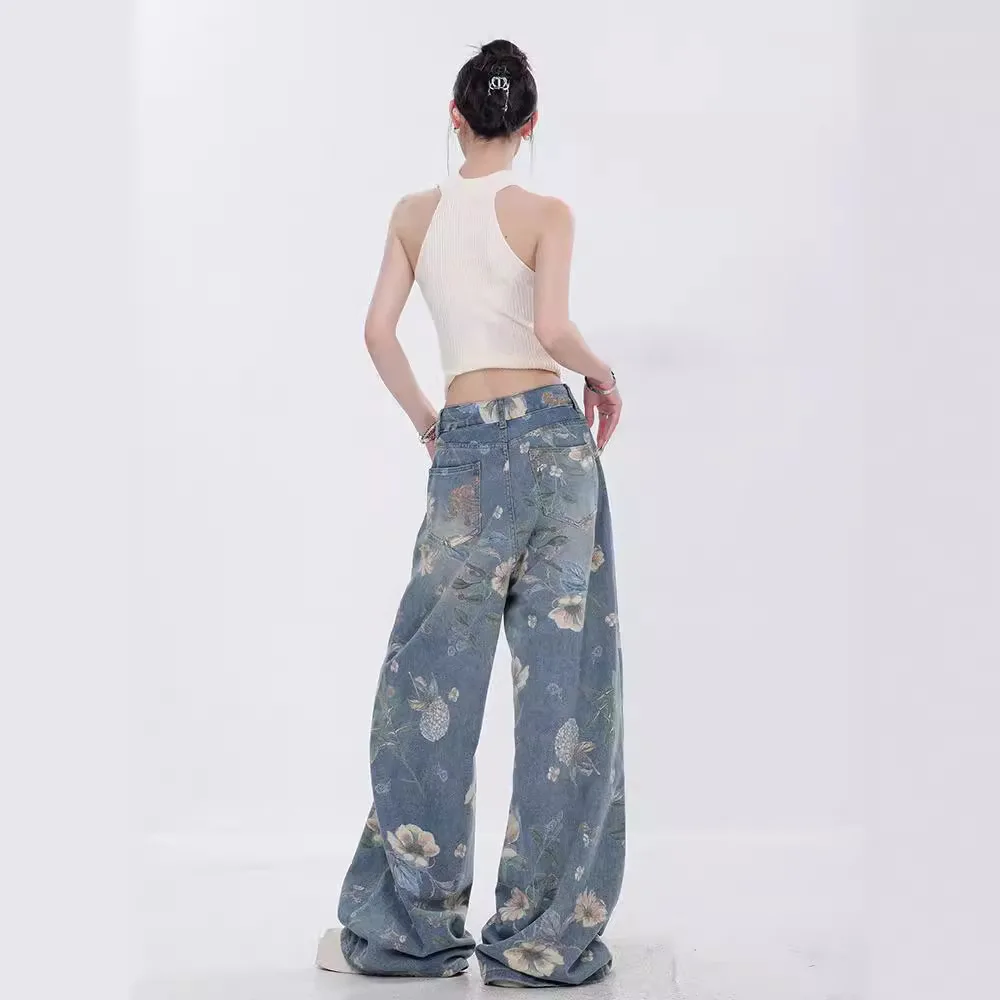 Celana Jeans Denim Wanita Celana Panjang Lantai Kaki Lebar Celana Panjang Lurus Pinggang Tinggi Motif Bunga Celana Jeans Ibu Splice Pakaian Jalanan Y2k