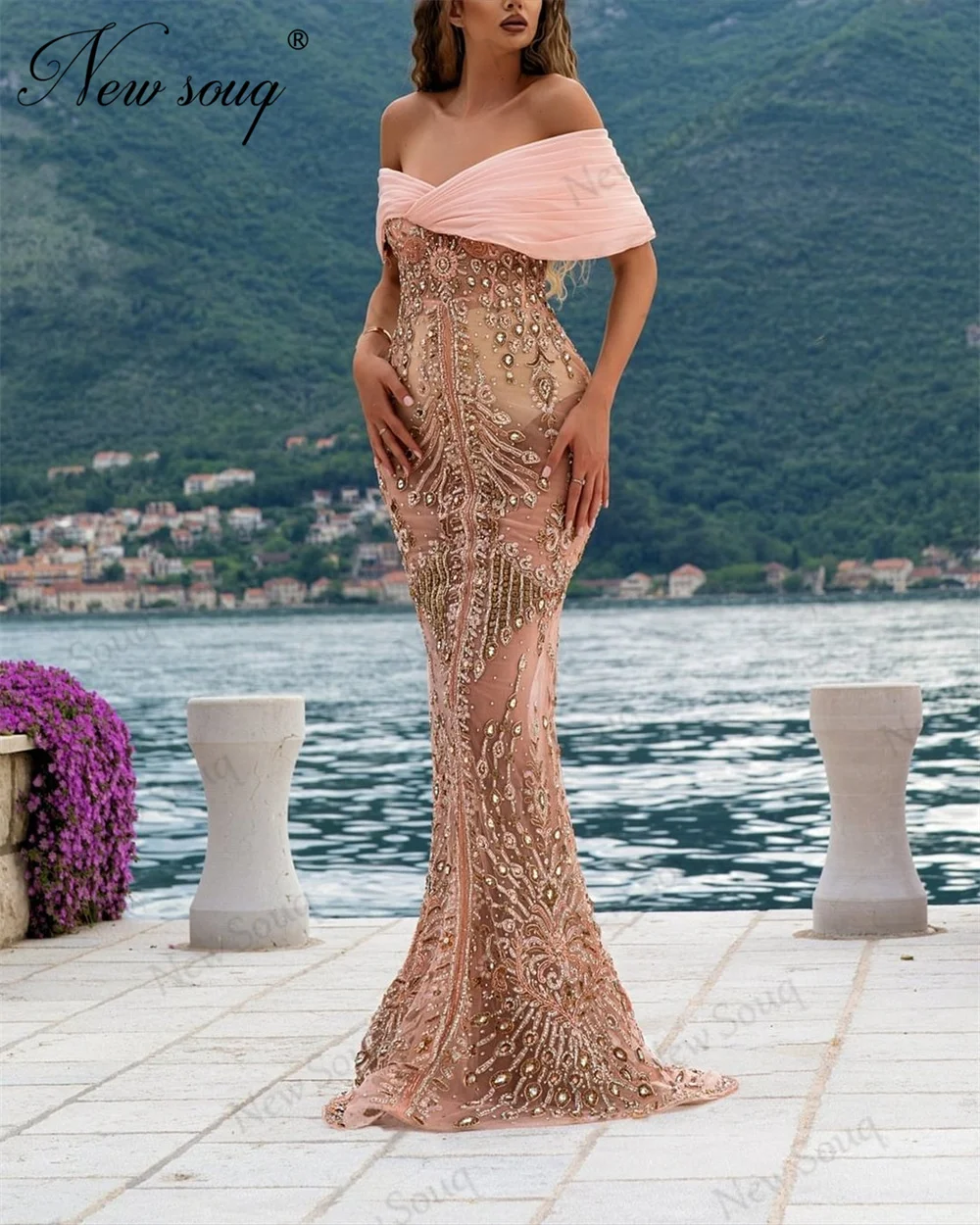 

Haute Coutures Pink Beading Evening Dresses Heavy Crystals Mermaid Celebrity Off Shoulder Prom Dress Robes De Soiree Party Gowns