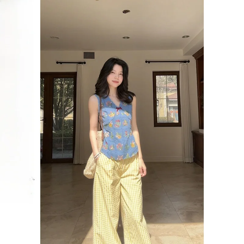 

Хлопковый жилет с эффектом похудения и вышитой кружевной талией, летние брюки прямого кроя длиной до пола, модный комплект