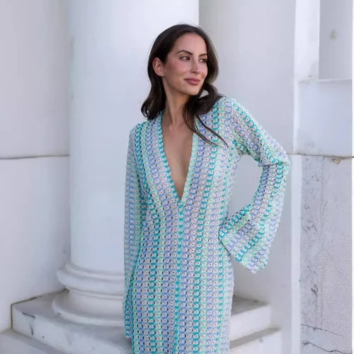 Imagen 2 del producto Vestido largo de rayas coloridas de ganchillo para mujer, Vestidos largos sexys con escote en V profundo y manga acampanada, Vestidos para banquete en la playa de otoño