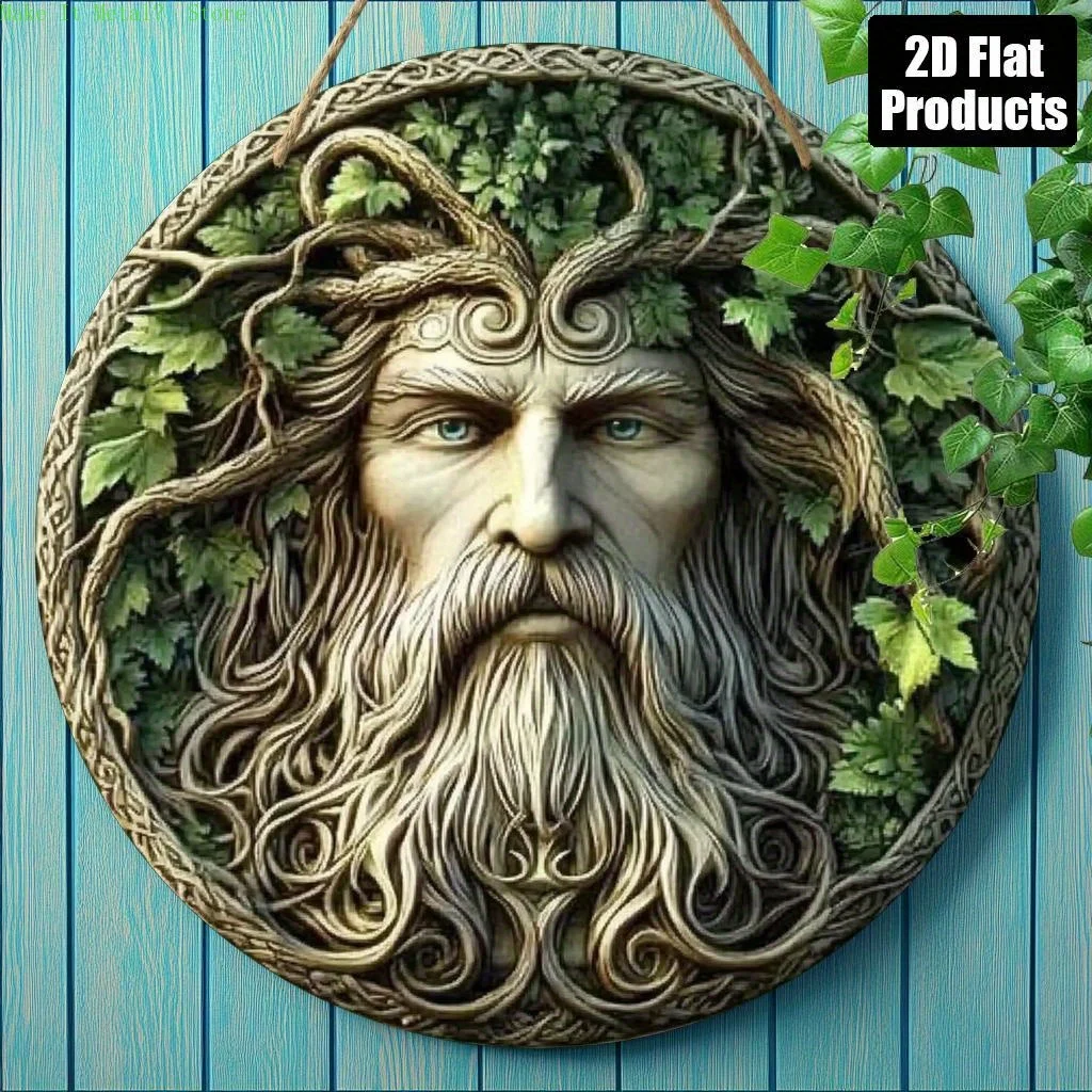 2D Flat Celtic Green Man with Tree Roots and Celtic Knot Frame Round Tin Sign Vintage Metal Wall Art for Home, Pagan, Nature Dec