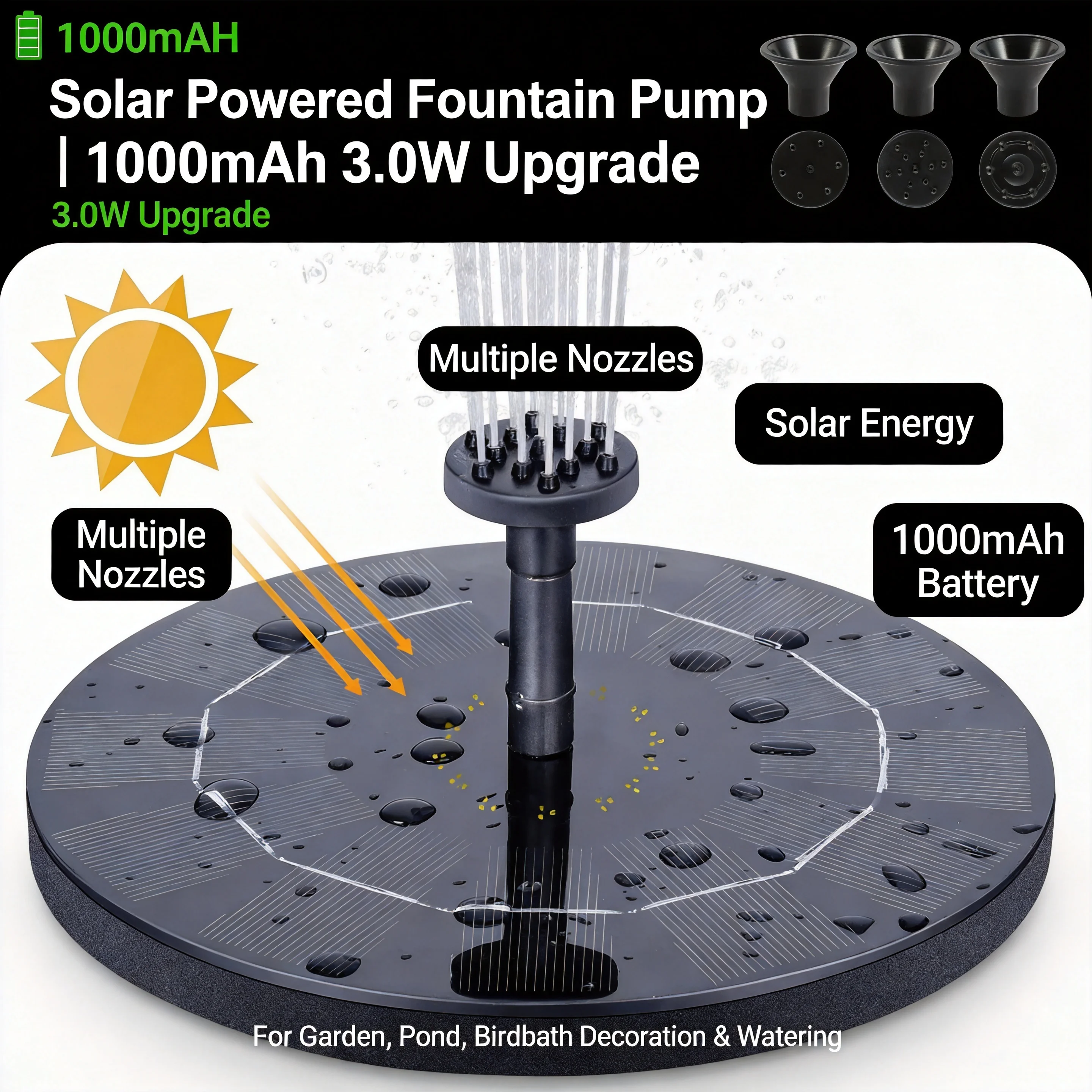 Solar Fountain Pump – Floating Solar Panel Bird Baths Water Fountain with 6 Nozzles – For Garden Outdoor Water Pool Pond Decor