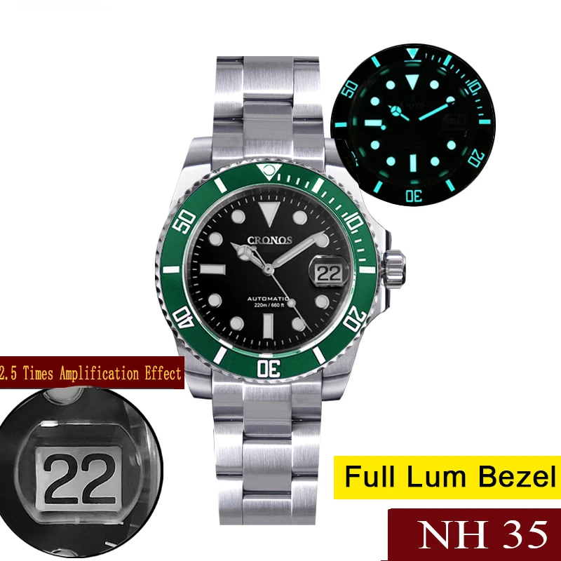 

CRONOS Mens Diver Watches Military Automatic Mechanical Wristwatch BGW-9 Luminous 20ATM Sapphire NH35 Glidelock Clasp With Date