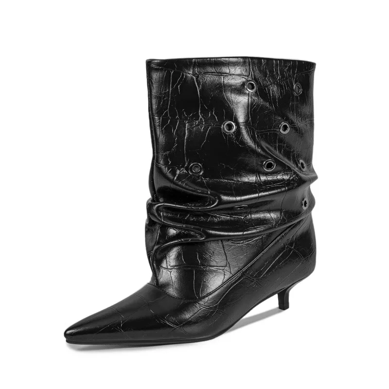 

Нишевый дизайн во французском стиле ретро, плиссированные короткие сапоги с широким ворсом и острым ворсом, рыцарские сапоги в европейском и американском стиле в стиле панк