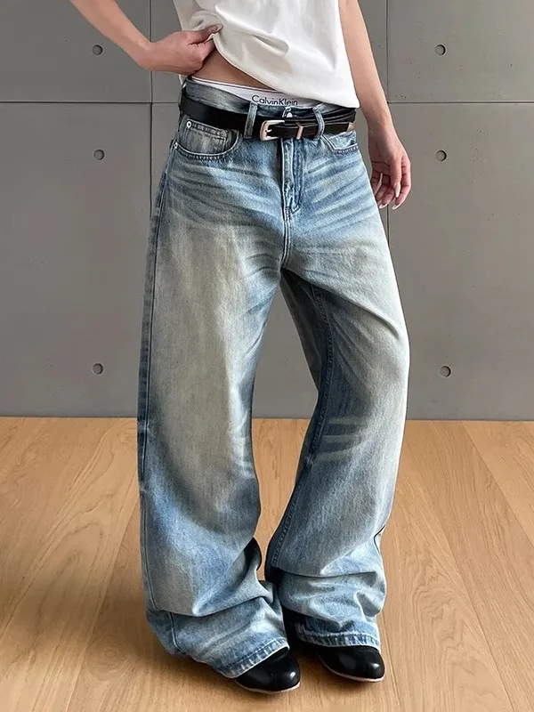 الرجعية الأمريكية Waed الدينيم الجينز فضفاض مستقيم الساق السراويل الطويلة ex Cleanfit الراقية الشعور ملابس غير رسمية جميع الفصول #2