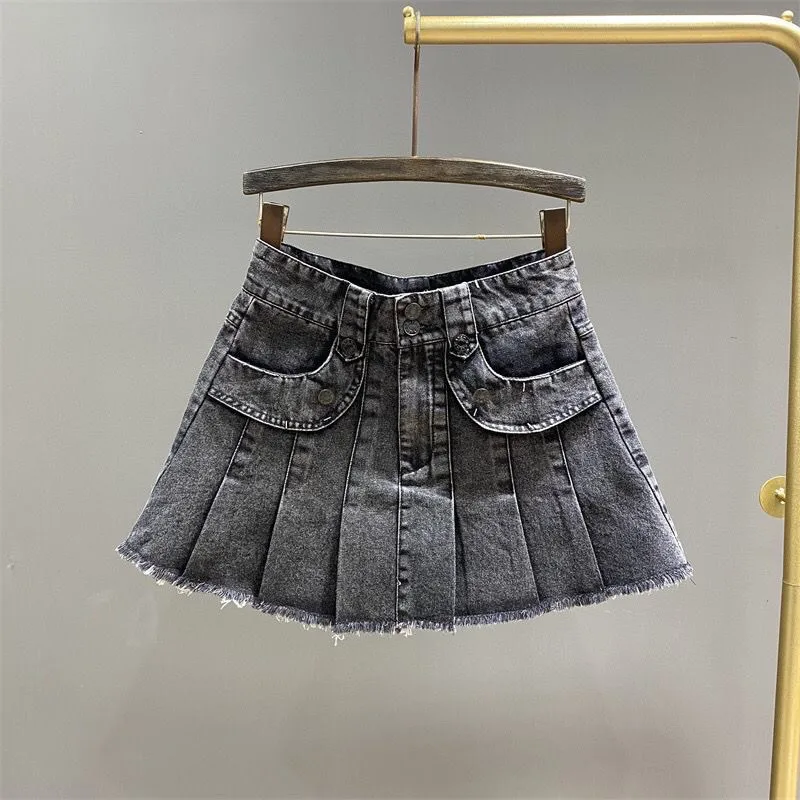 

Girls Summer Denim Short Skirt Fashionable New Style Children's Elastic Waist Pleated Skirt