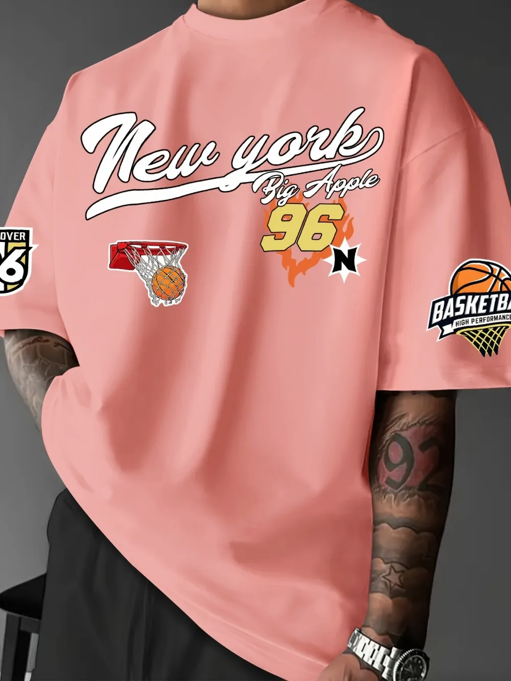Men's Summer Basketball Style Casual Breathable Round Neck T-shirt New York 96 Printed Soft Polyester Fiber Outdoor Street Top