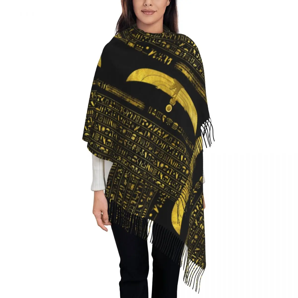 Golden Egyptian God Scarf for Womens Winter Fall Cashmere Shawls and Wrap Ancient Egypt Large Scarves with Tassel Ladies