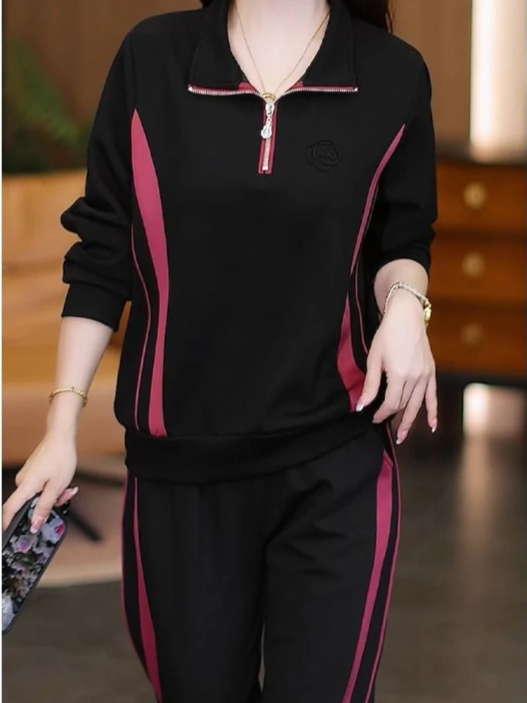 

Повседневный спортивный комплект для женщин, осень 2022, новый стиль, контрастная толстовка с капюшоном на полумолнии + прямые брюки
