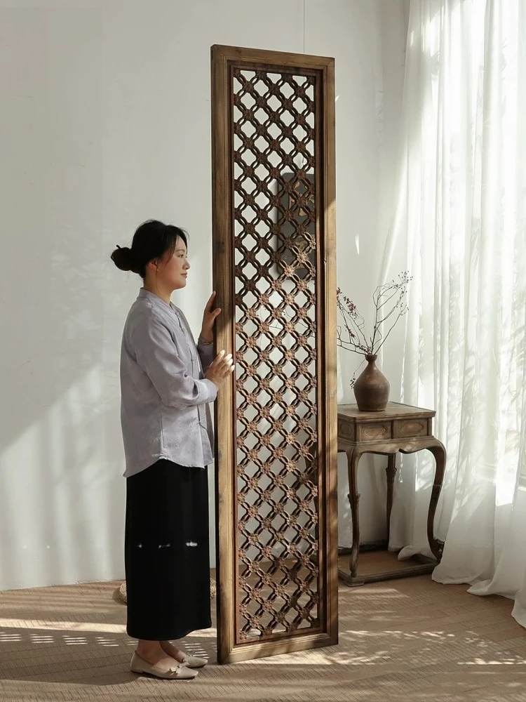 Chinese blossom window antique screen partition solid wood hollow lattice wood carving decorative background customization