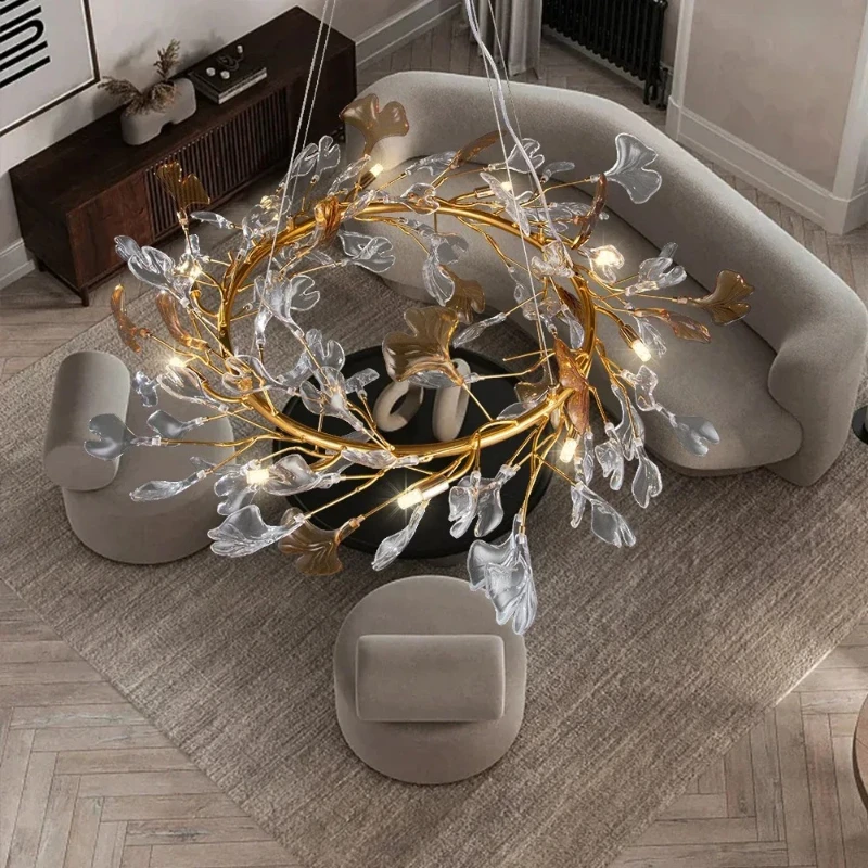 Luxury Hanging Crystal Chandelier For Bedroom Living Dining Room Round Glass Leaf Crystal Chandelier Nordic Branch Chandeliers
