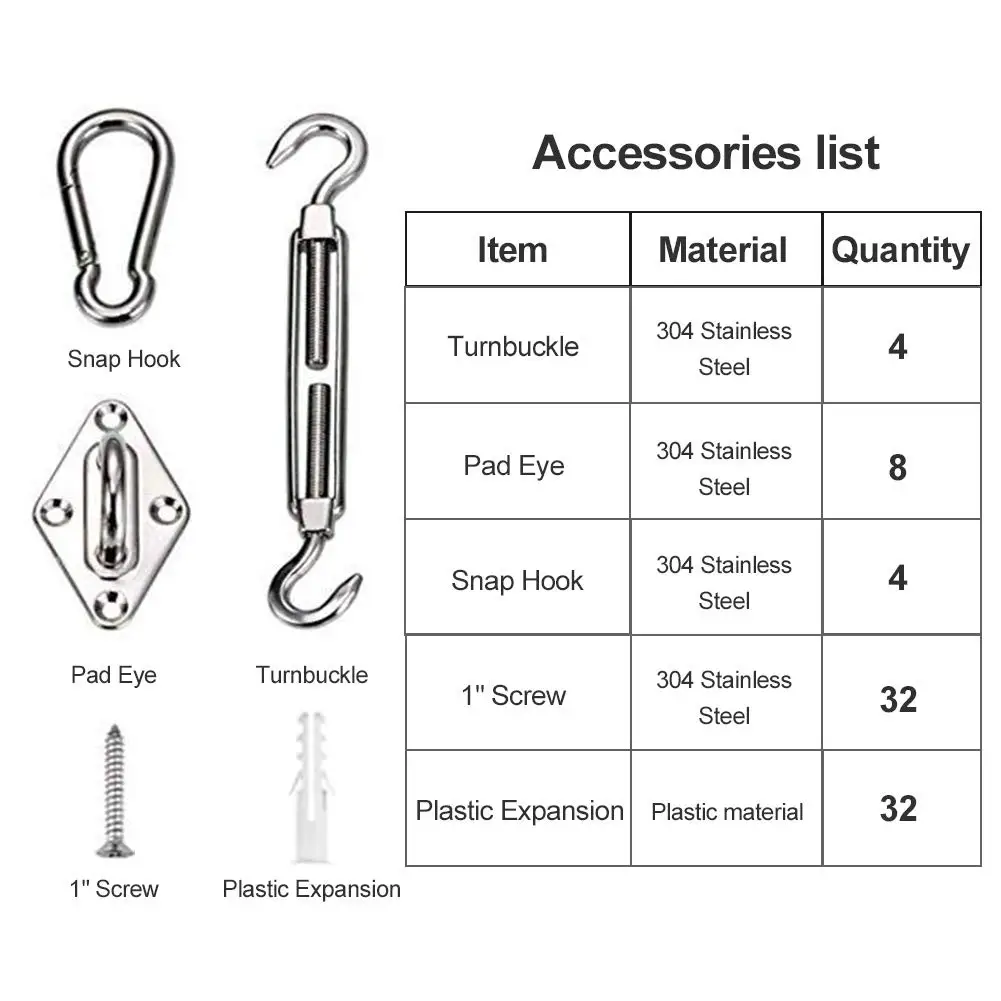 M6 Shade Sail Hardware Kit, 6 Inch for Triangle, Rectangle Sun Shade Sail Installation, 304 Grade Stainless for Garden Outdoors