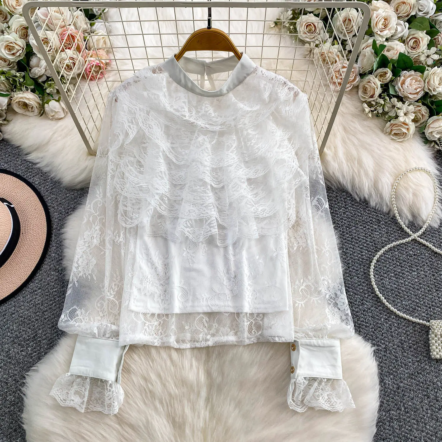 

Vintage basics sweet ruffle long sleeve lace Blouse Korean Fashion office lady Shirt women clothing
