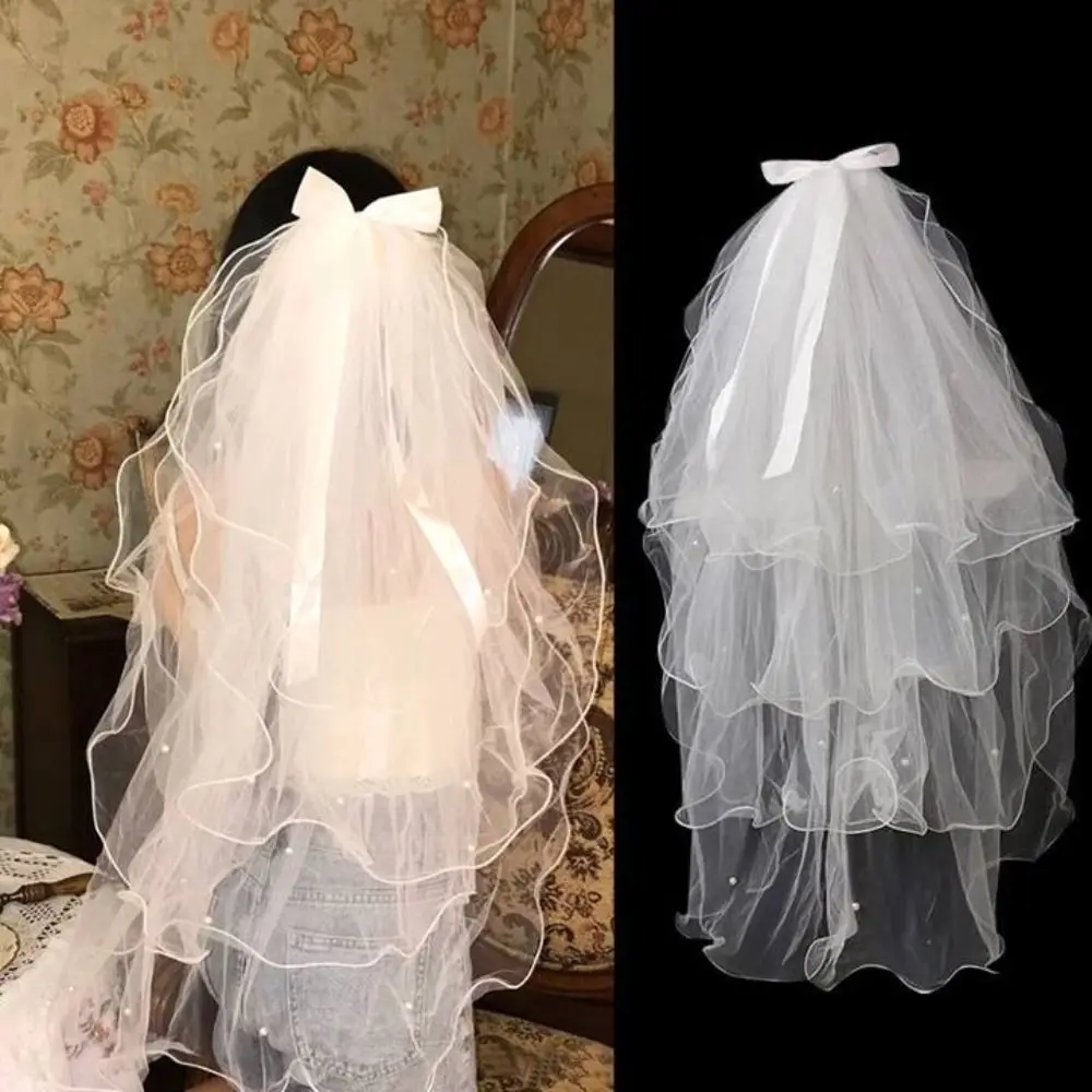 New Four-layer Bridal Veil Soft Tulle Curled Wedding Veils White Pearl Bow Ribbon Bride Head Gauze Wedding Accessories image 4