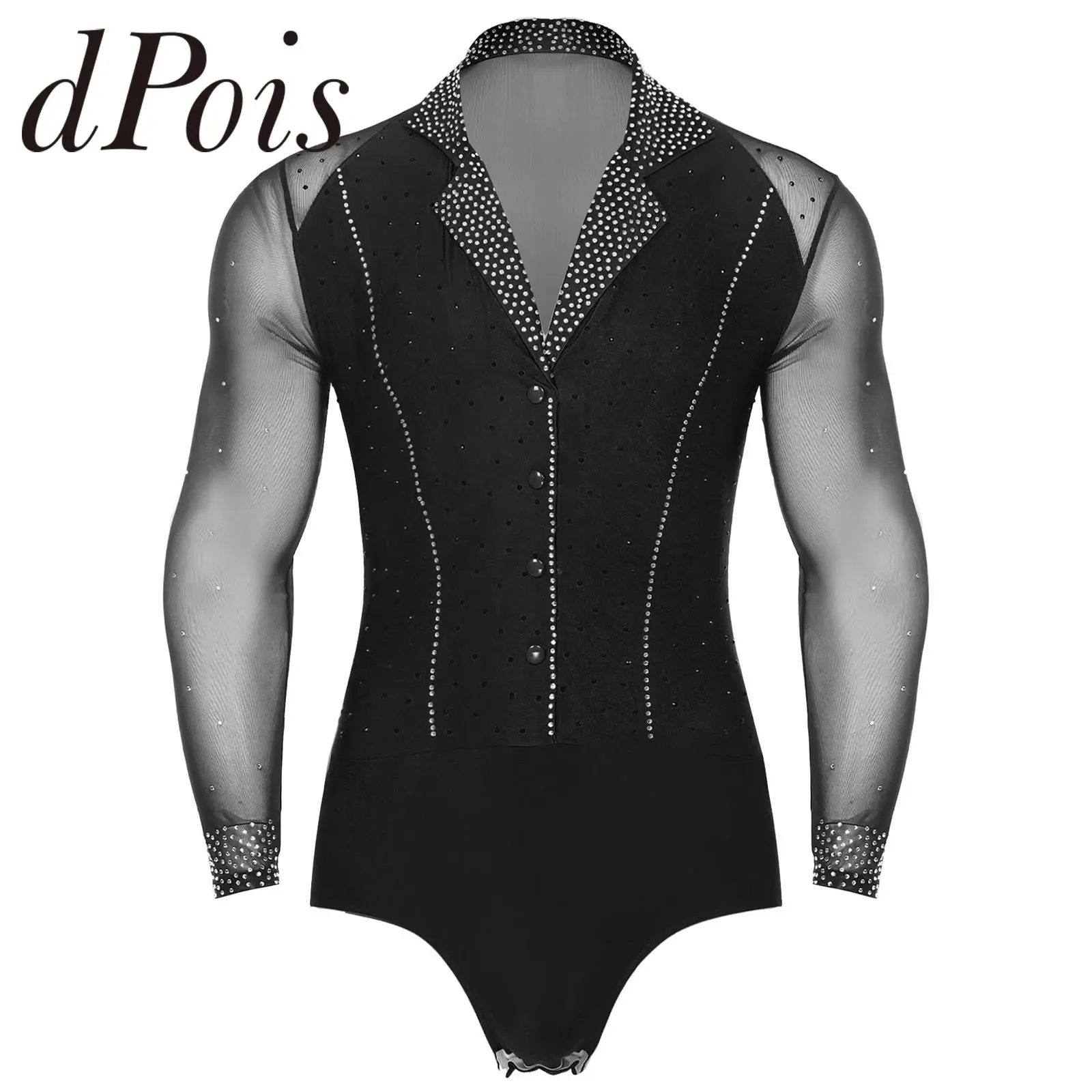 Mens Gymnastics Leotards Latin Tango Ballroom Dance Leotard Sheer Mesh Splice Skating Jumpsuit Rumba Sparkly Rhinestone Bodysuit