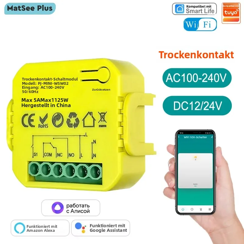 Trockenkontakt SPDT Smart WiFi Schalter Relaismodul Timer App Fernbedienung 5A DC12V 24V AC100-240V Unterstützt Alexa Google Home Kompatibel mit Tuya und Smart Life