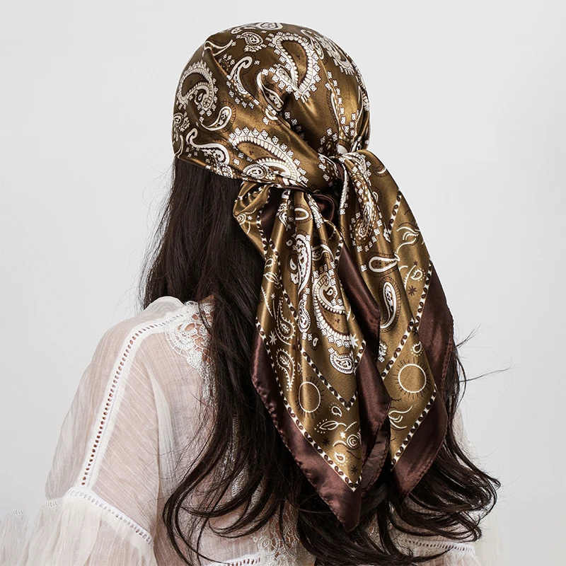 

90cm Square Silk Scarves Women Hijab Shawls Paisley Cashew Flower Print Kerchief Femme Head Scarf Foulard Bandana Beach Pareo