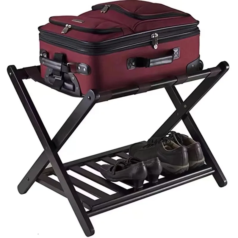 Folding Wooden Luggage Rack with Shoe Shelf - Durable Space-Saving Design for Hotel & Home Storage, Sturdy Black Straps & Frame