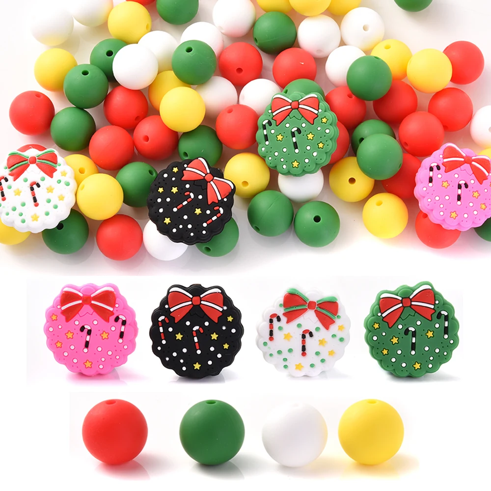 

48Pcs Christmas Baby Teether Silicone Beads Round Beads Set Food Grade Teether Diy Pacifier Chain Accessories for Jewelry Making