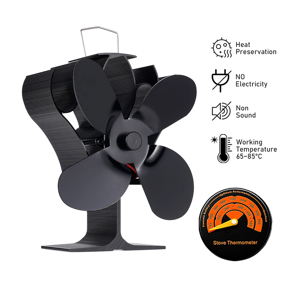 

4-Leaf Black Fireplace Fan Heat Driven Stove Fan Wooden Burner Quiet Energy-Saving Heater Home Efficient Heat Distribution