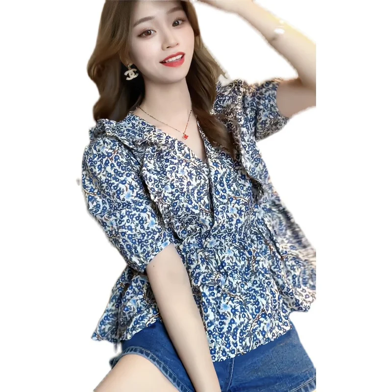 Floral Print V-ne Bubble Sve Slim Fit Women's irt Faionable Versatile Summer Top Commute Sle ort Sve Casual