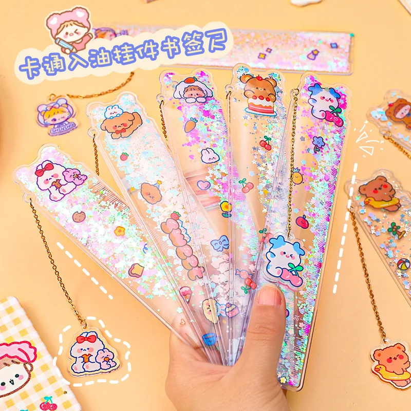 1PC Creative Cartoon Quicksand Ruler PVC Drawing Ruler Cute Girl Stationery Scale Student Pendant Bookmark Gift