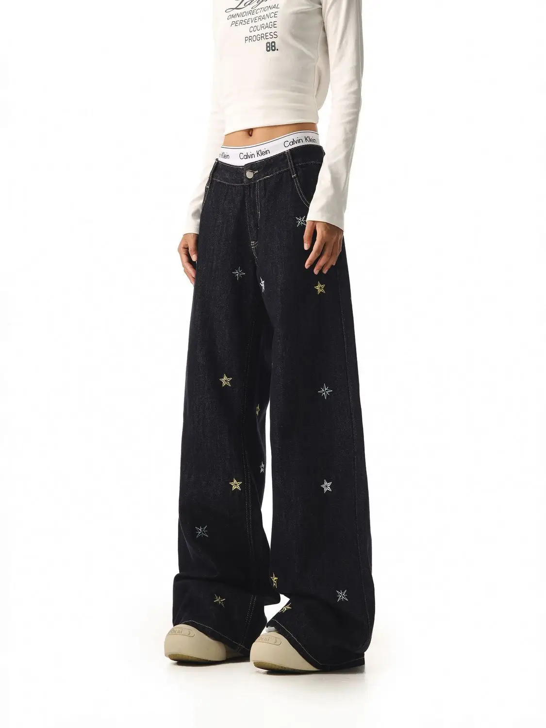 Women’s Star Embroidery Pattern Straight Jeans Street Style Wide-leg Denim Pants Female High Waist Vibe Unisex Casual Trouser