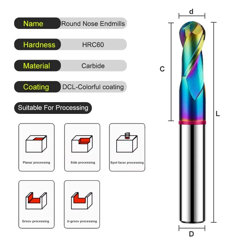 AZZKOR 2-Flute Colorful Coating Tungsten Steel Carbide Aluminum Ball End Endmills CNC Machining Milling Cutter TGP-HRC60