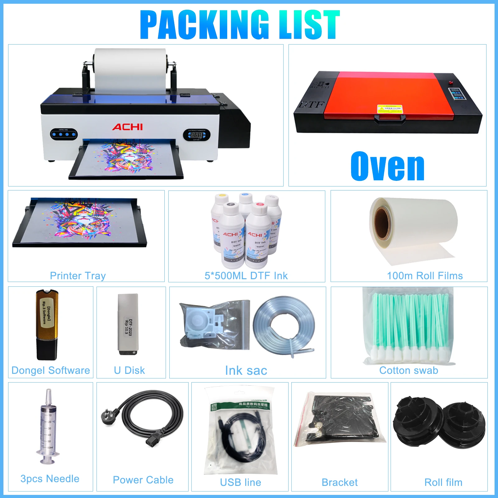 US Ship ACHI A3 DTF Printer R1390 T-shirt Printing Machine Heat Transfer Film For Hats Bags Fabric Printing DTF Printer Kits