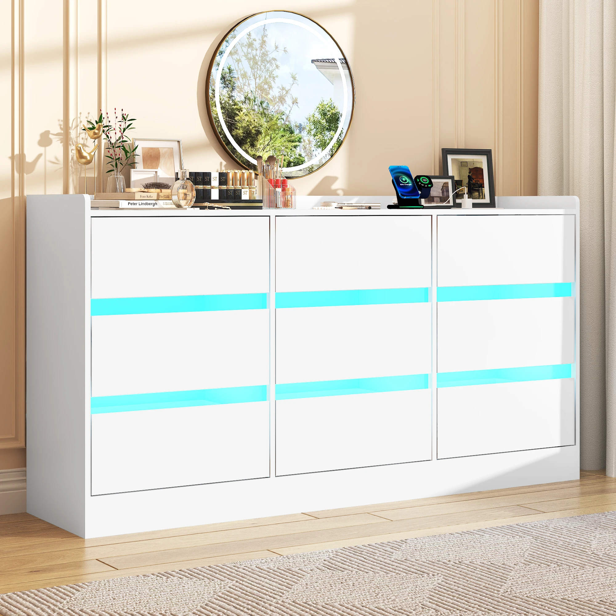 9 Drawer Dresser with Power Outlet & LED Light, Modern Chest of Drawers for Closet, 63" Drawer Organizer Cabinet for Bedroom image 2