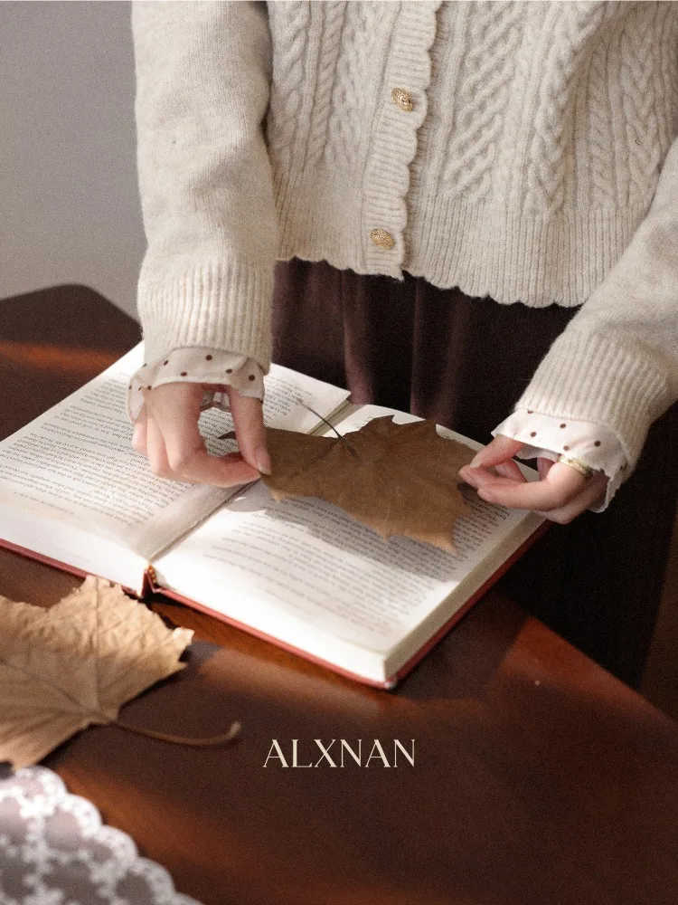 ALXNAN Women's Knit Cardigan Polka Dot Ruffled Collar Faux Two-Piece Cable Sweaters Autumn Slim-Fit Knit Tops Ladies DYL662173