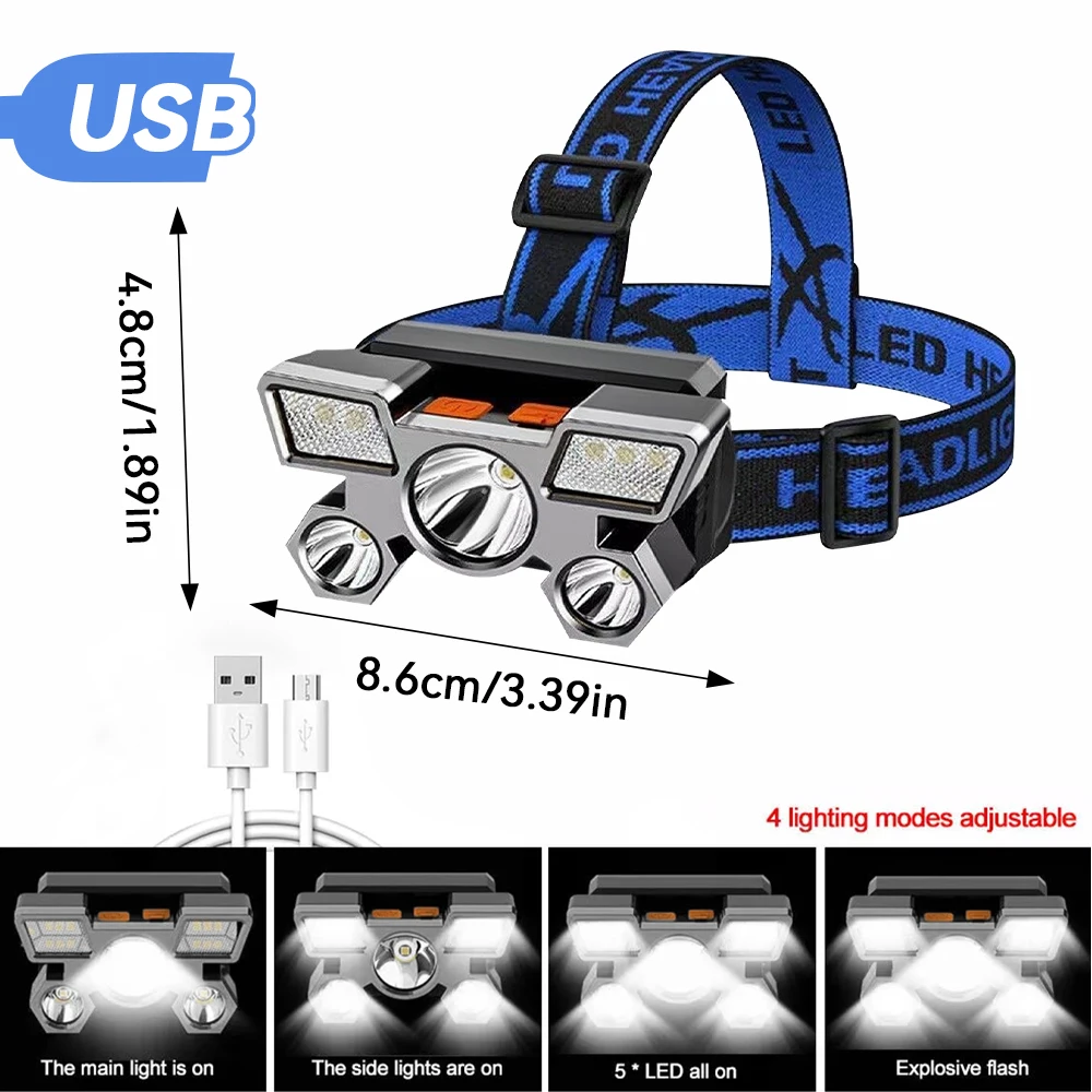 USB Rechargeable Headlamp Portable 5LED Headlight Built In Battery Torch Portable Working Light Fishing Camping Head Light For T