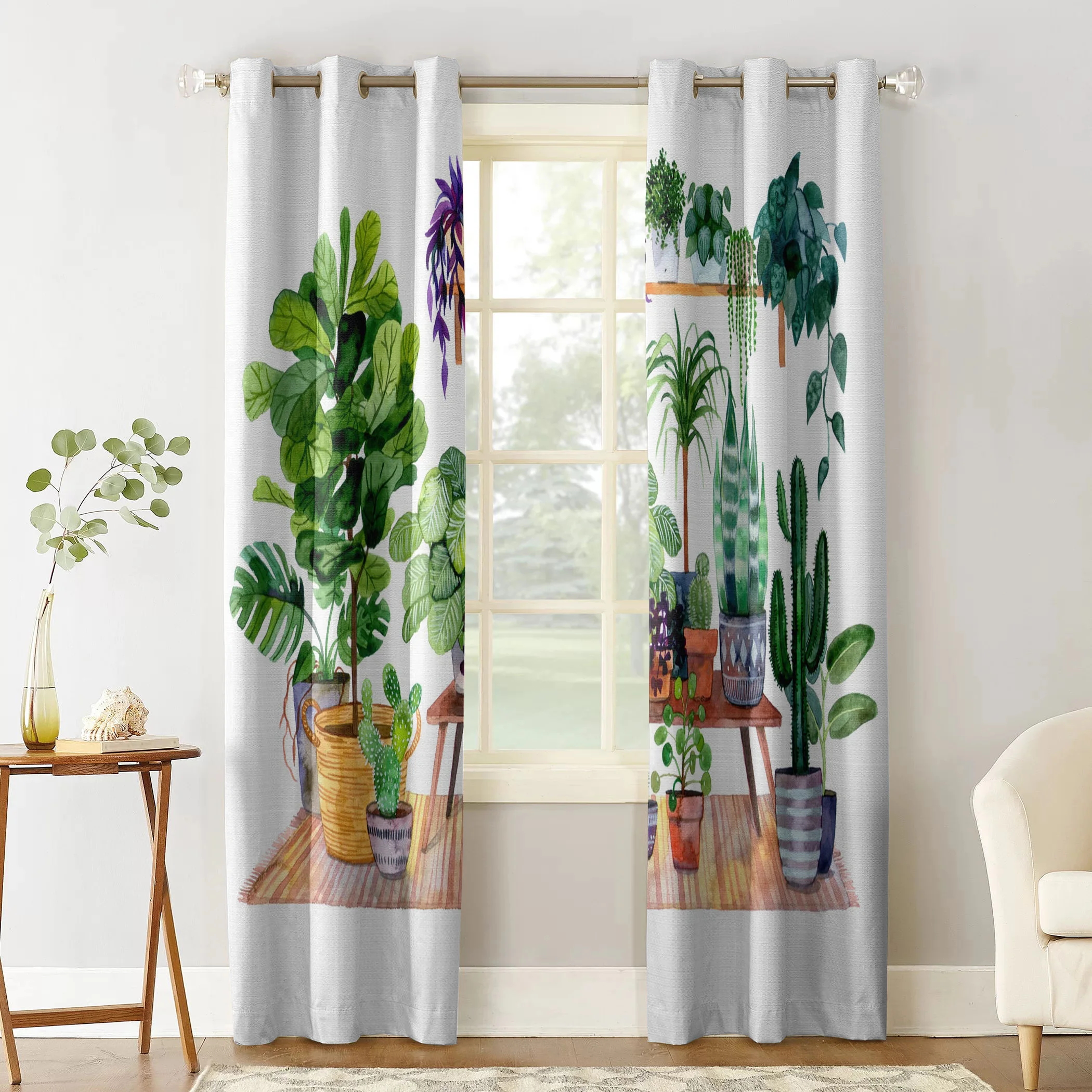 Flowerpot Watercolor Cactus Leaves Window Curtains for Living Room Kitchen Bedroom Home interior Decoration Curtains