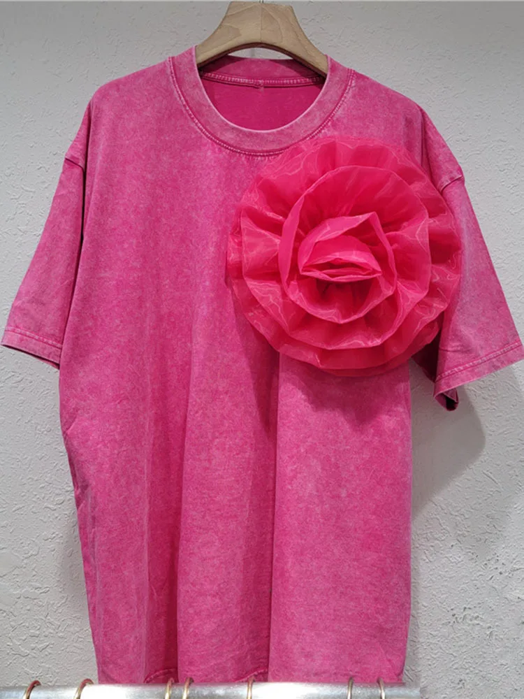 New Fashion Oversized Round Neck Short Sleeve 3D Flower Solid Color Loose T-shirt Top For Women 2024 Spring Summer X837