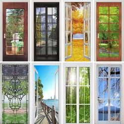 3D View Imitation Glass Door Stickers Outside Scenery Landscape Door Wallpaper Cover Mural Home Decorations