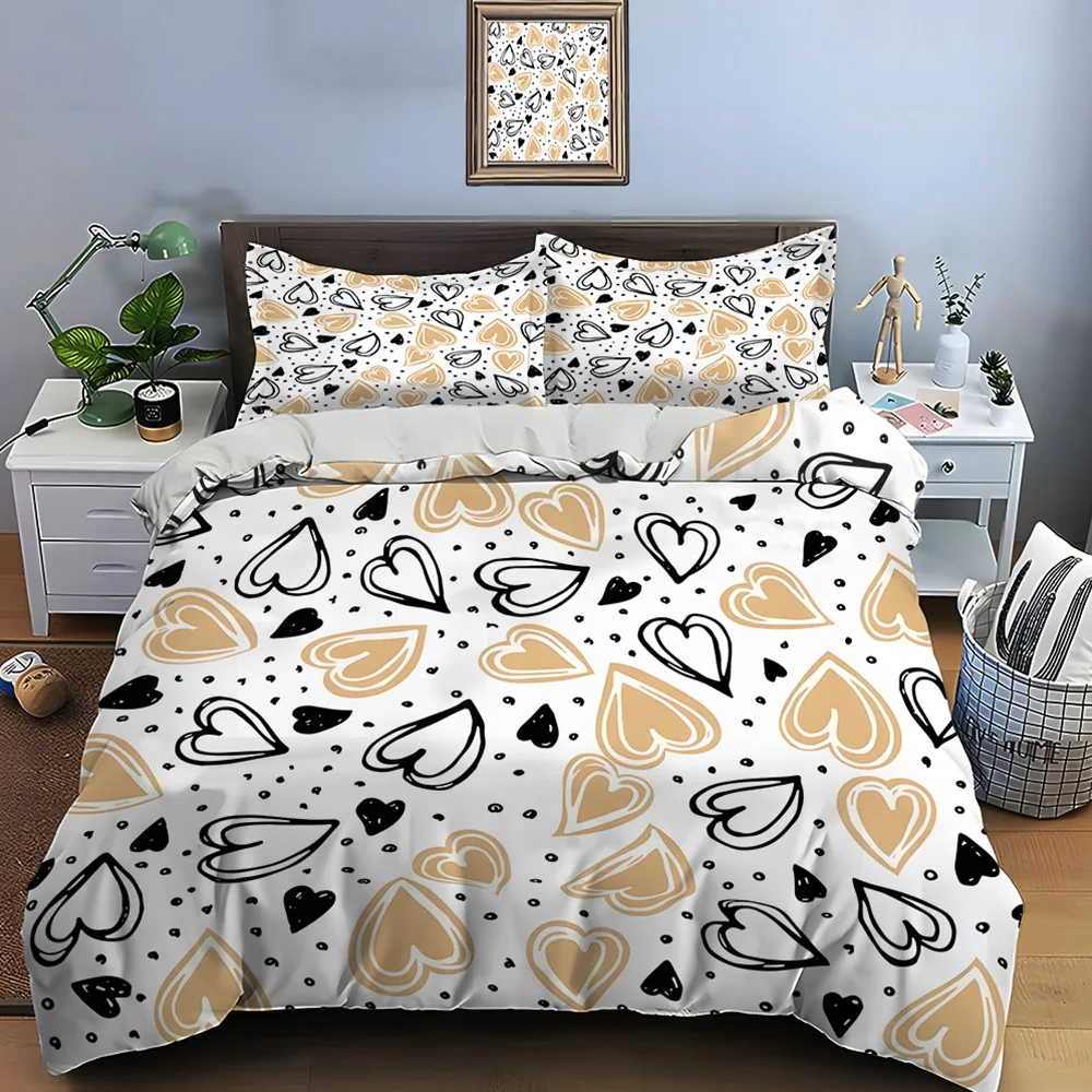Heart doodle pattern background Duvet Cover Set Digital Print Colorful Polyester Bedding with Zipper Closur for kids gifts