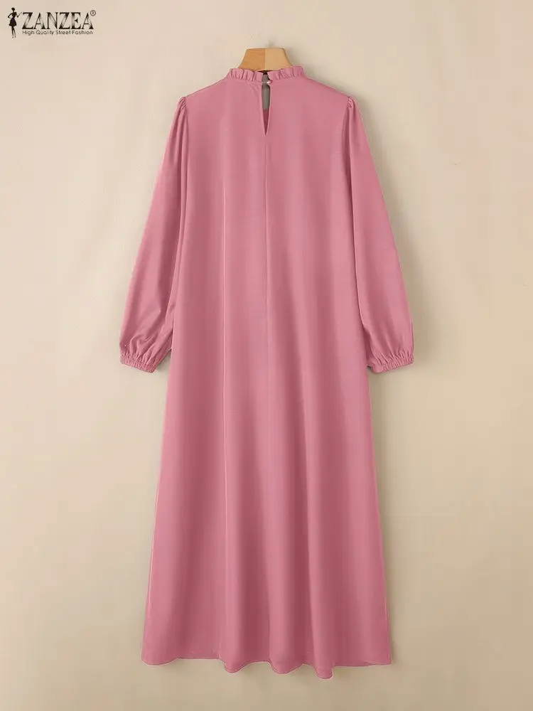 ZANZEA Women Modest Maxi Dresses Casual O-Neck Long Sleeve Solid Color Loose Gathered Long Dresses Muslim Hijabs Woman Clothes
