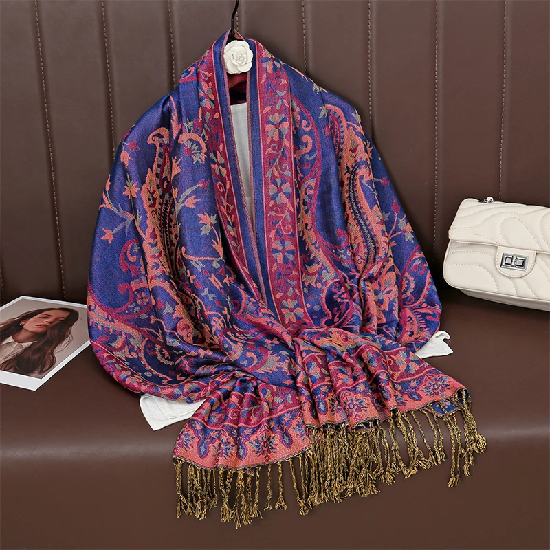 Ethnic Style Outdoor Women Retro Jacquard Scarf Thick Cashmere Tassel Shawl Winter Warm Neck Wrap Pashmina Floral