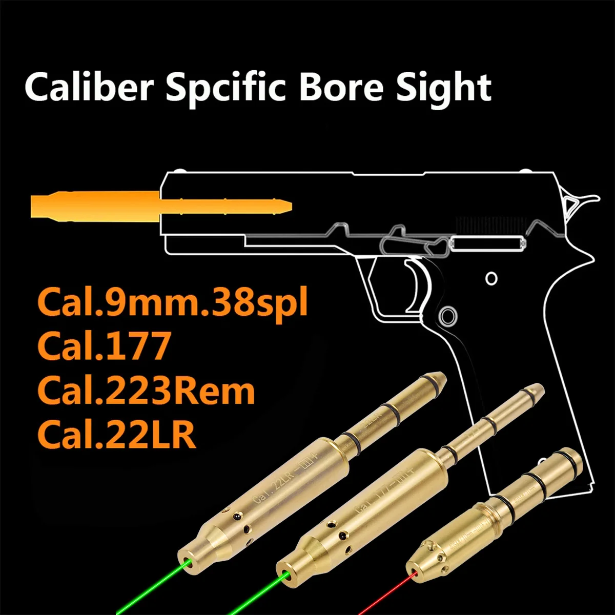 Tactical 9mm .38spl .177 .22LR .223Rem .40S&W .45ACP Cal Pistol Green Red Dot Laser Pointer Bore Sight Cartridge Boresighter