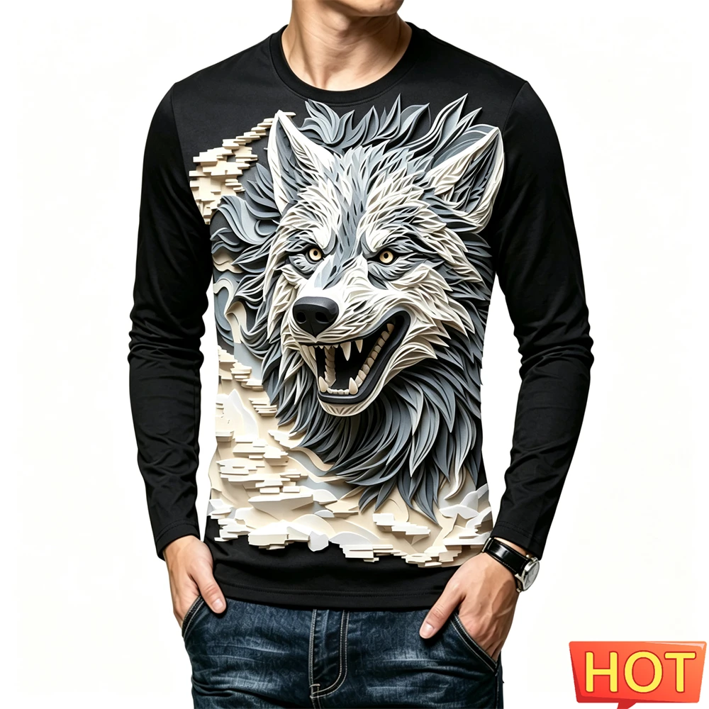 Funny Wolf Pattern Men's T-shirt Fashion 3D Dragon Printed Tees Autumn Casual O-neck Long Sleeve Tops Hip Hop Trend Men Clothing