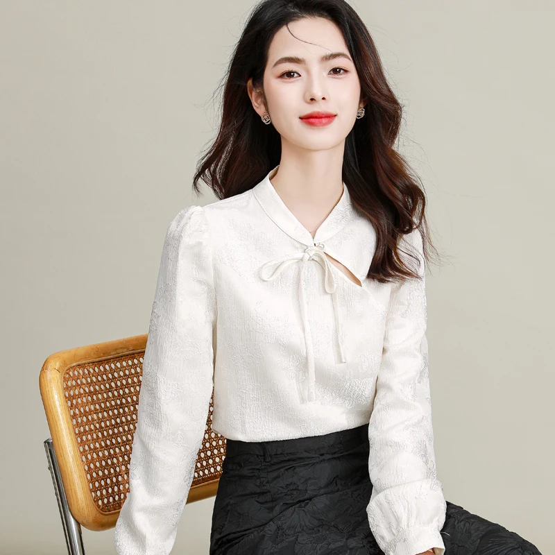 

2024 Neo-Chinese Style Women Chic White Silk Shirts Dark Patterned Jacquard Fabric Tops Office Ladies Elegant Basic Attire OOTD