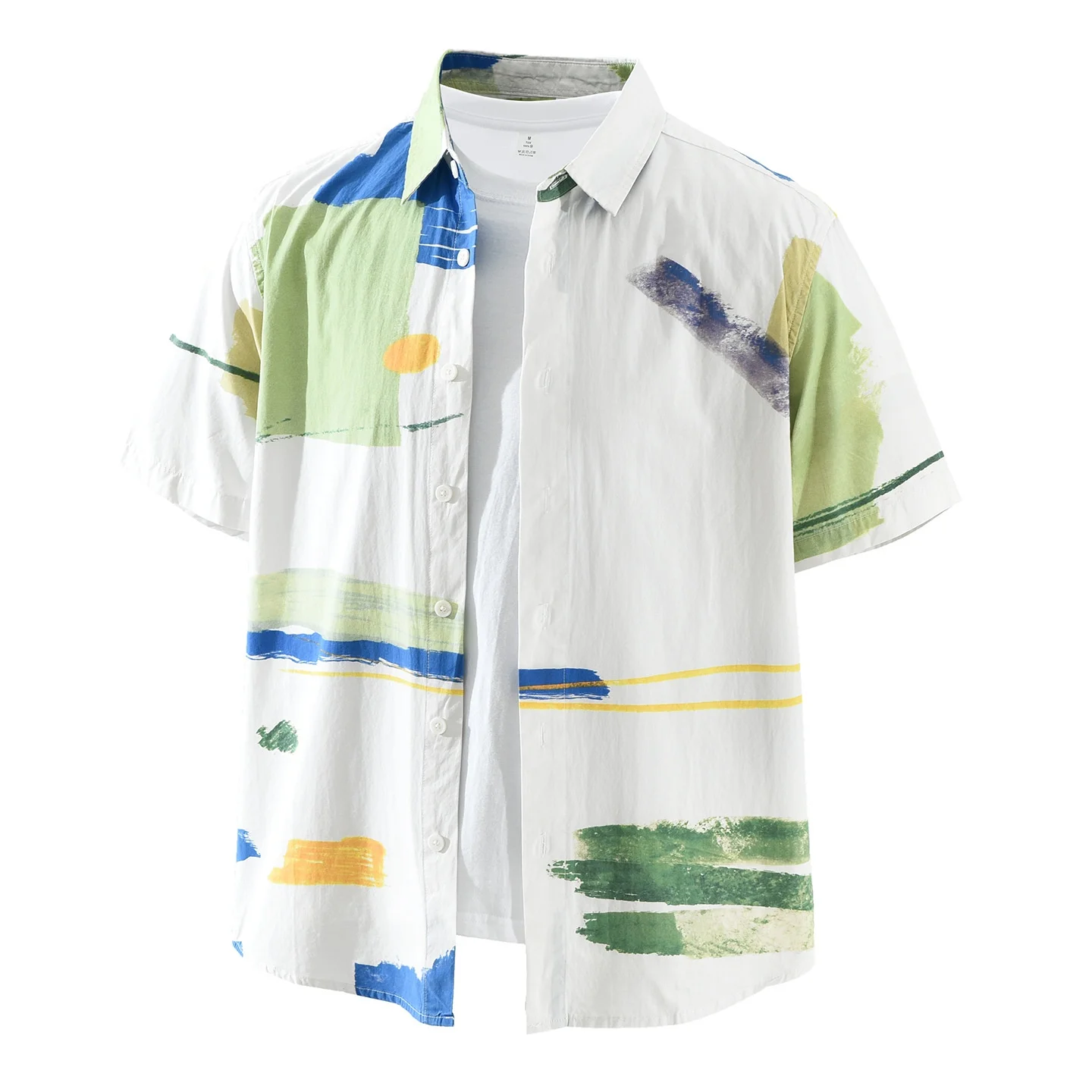 

Повседневная свободная мужская рубашка с коротким рукавом, модный художественный топ с принтом в японском стиле, эластичная ткань, ультратонкий крой, кубинский воротник