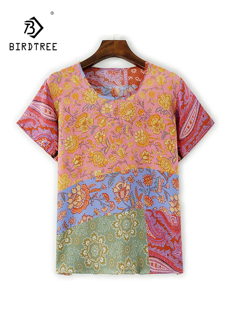 

BirdTree-Silk Double Crepe Elegant T-Shirt, Short Sleeve Floral Print, Women Temperament Casual Loose Top, 2025 Winter T5D264CC