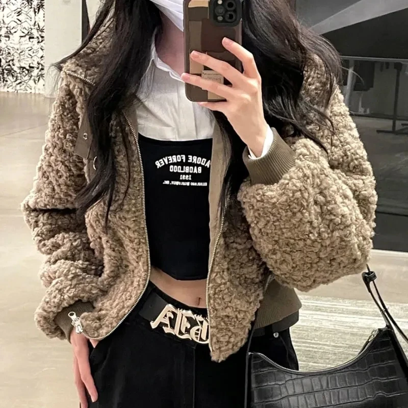 Gidyq Women Cropped Lamb Jacket Winter Korean Fashion Streetwear Motorcycle Suit Casual Female All Match Bandage Party Coats New