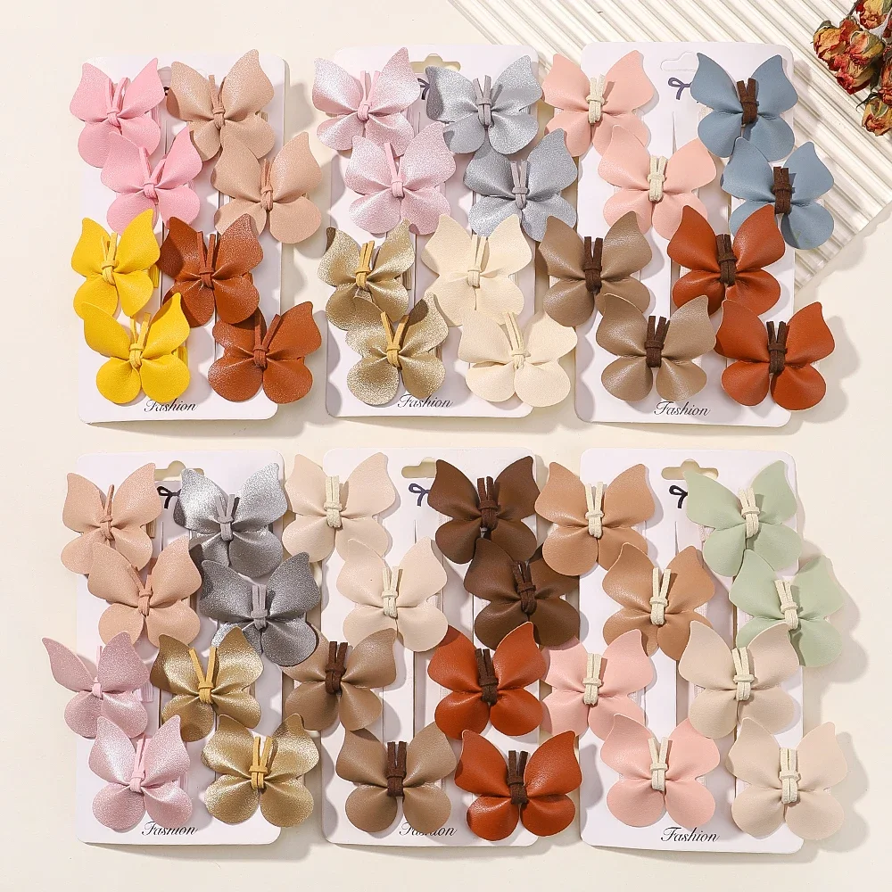 Handmade PU Leather Butterfly Hair Clips para meninas do bebê, Safe Hairpins, Solid Headband, Princess Hair Accessories for Kids, Cute, 8Pcs