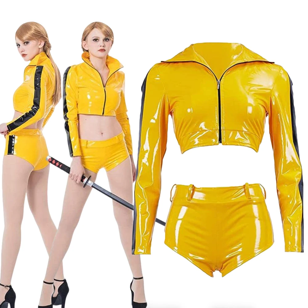 

Movie Kill Bill Cosplay Costume Women Leather Top Coat Shorts Suit The Bride Sexy Uniform Halloween Clothes Jacket Outfit